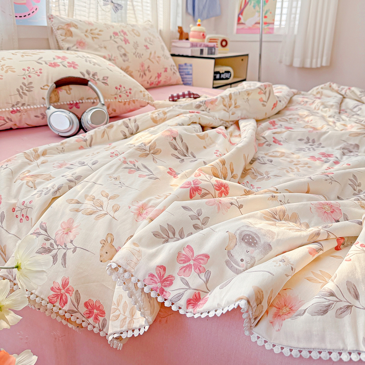 91家纺网 家纺一手货源 找家纺 优被业 2026新款全棉韩式小球球款大豆夏被，夏被四件套，空调被（加微信送买家秀） 自然手记-粉