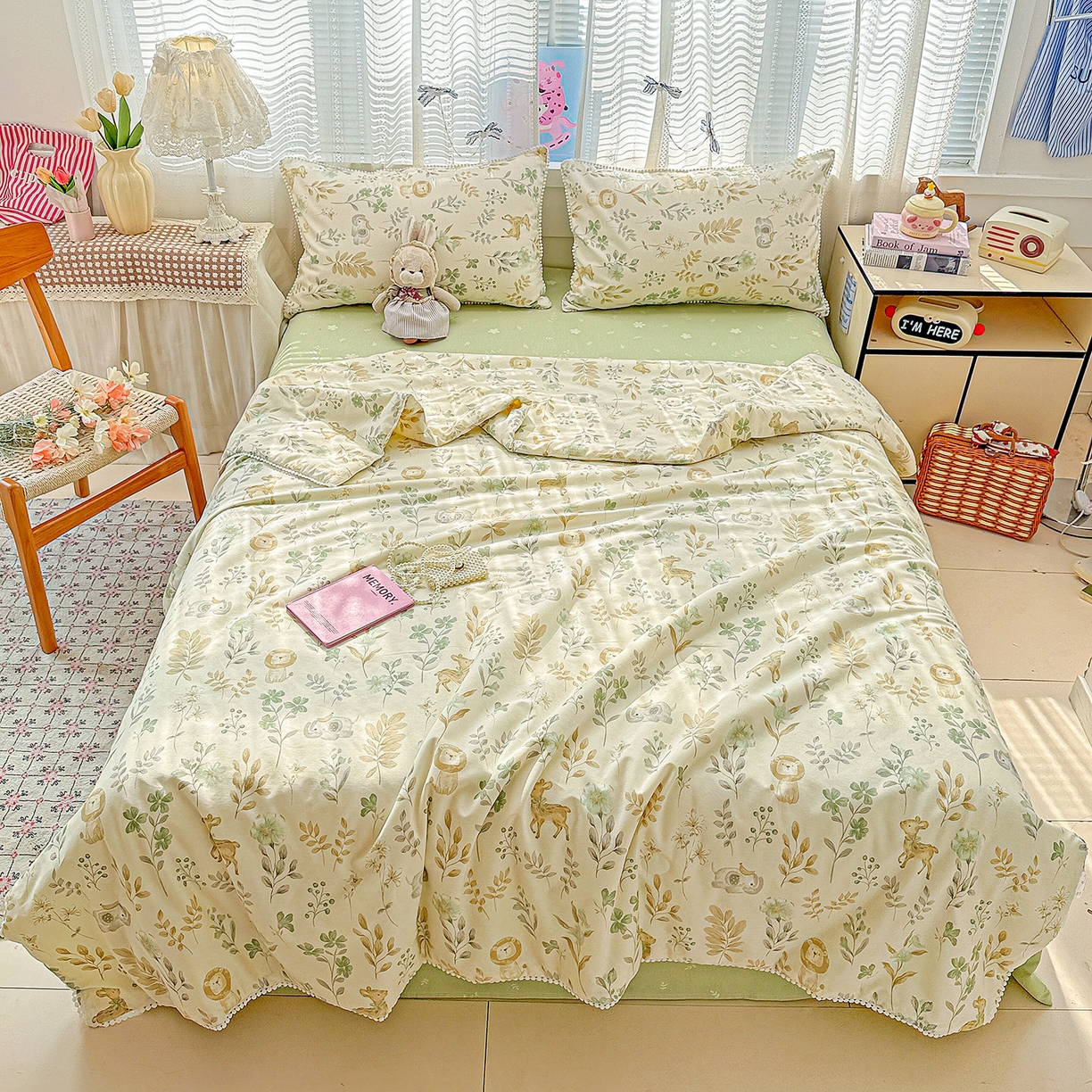 91家纺网 家纺一手货源 找家纺 优被业 2026新款全棉韩式小球球款大豆夏被，夏被四件套，空调被（加微信送买家秀） 自然手记-绿