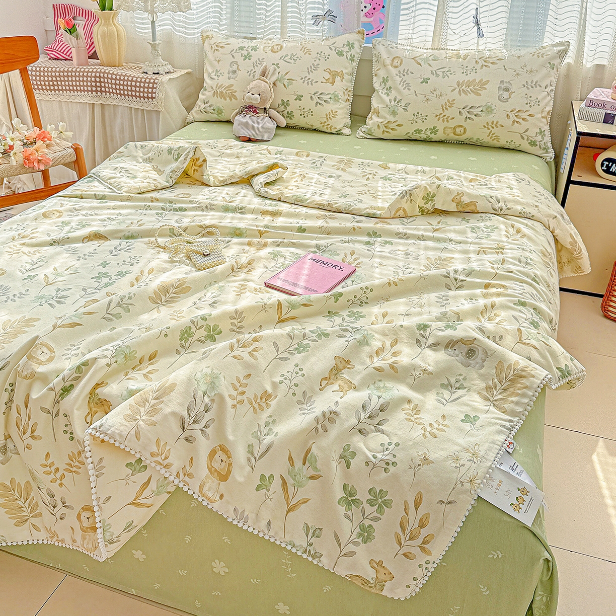 91家纺网 家纺一手货源 找家纺 优被业 2026新款全棉韩式小球球款大豆夏被，夏被四件套，空调被（加微信送买家秀） 自然手记-绿