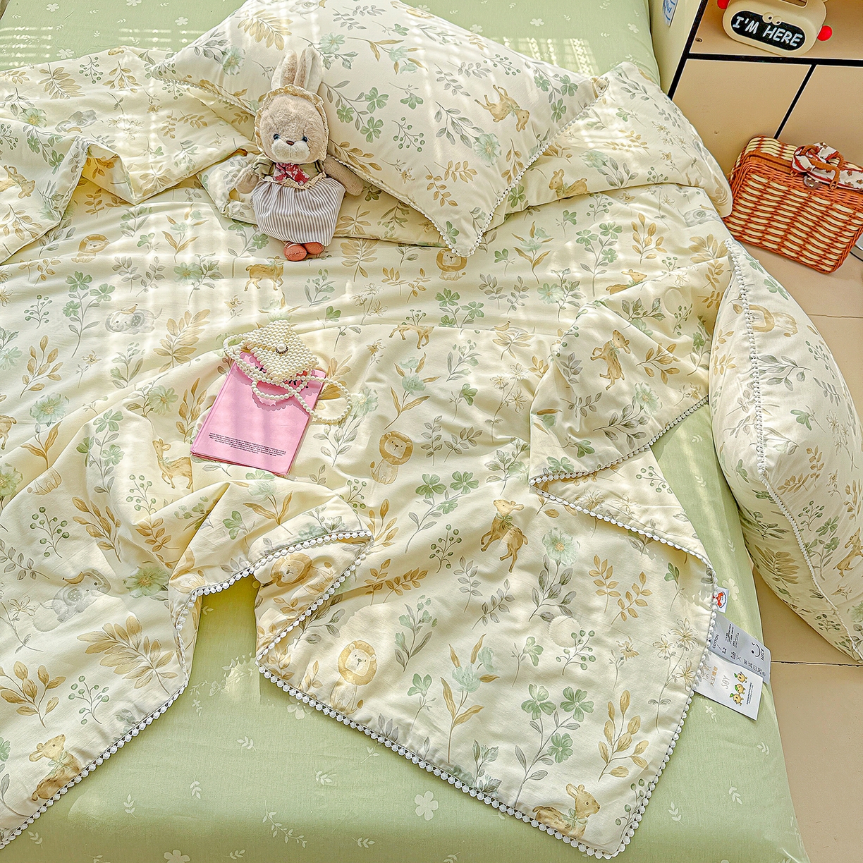 91家纺网 家纺一手货源 找家纺 优被业 2026新款全棉韩式小球球款大豆夏被，夏被四件套，空调被（加微信送买家秀） 自然手记-绿