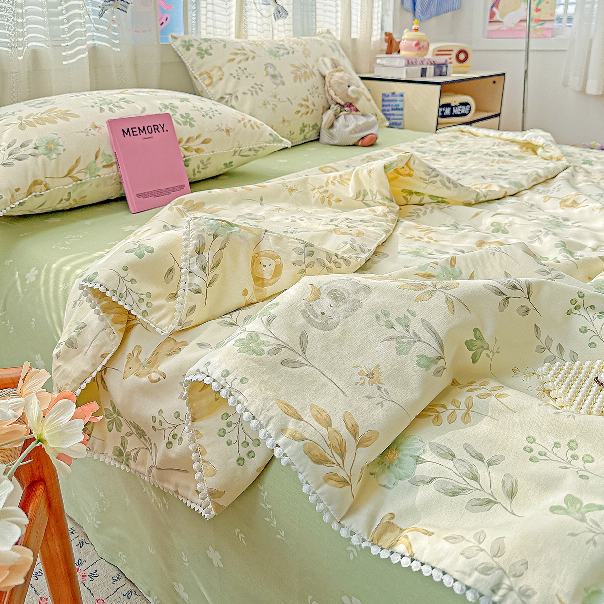 91家纺网 家纺一手货源 找家纺 优被业 2026新款全棉韩式小球球款大豆夏被，夏被四件套，空调被（加微信送买家秀） 自然手记-绿