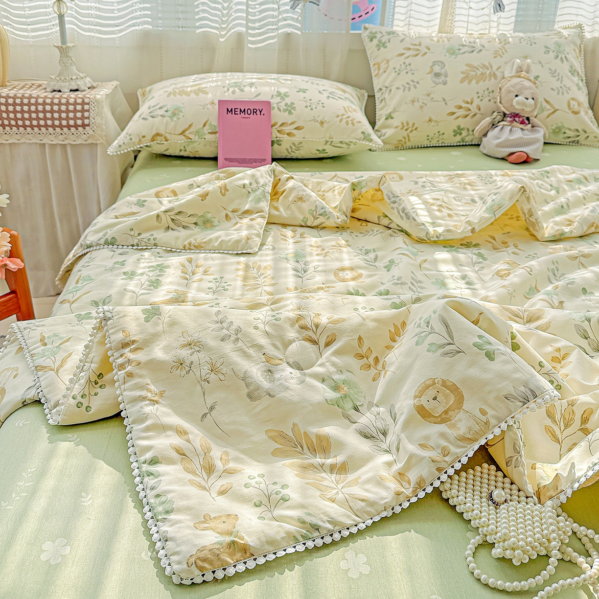 91家纺网 家纺一手货源 找家纺 优被业 2026新款全棉韩式小球球款大豆夏被，夏被四件套，空调被（加微信送买家秀） 自然手记-绿