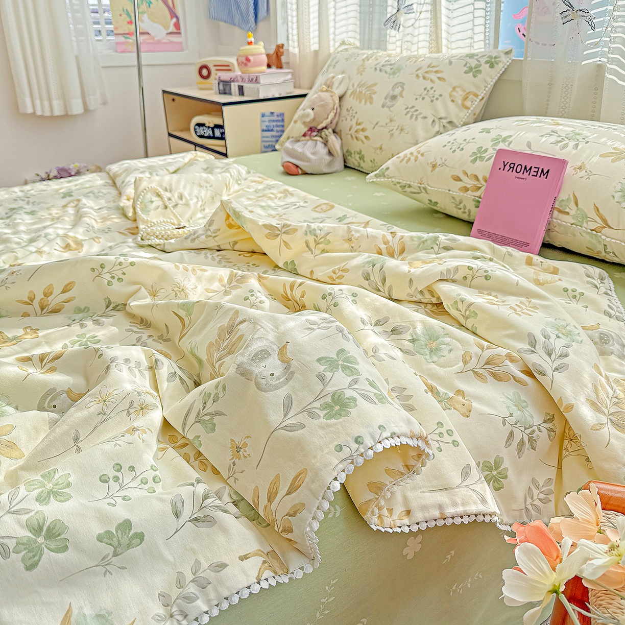 91家纺网 家纺一手货源 找家纺 优被业 2026新款全棉韩式小球球款大豆夏被，夏被四件套，空调被（加微信送买家秀） 自然手记-绿