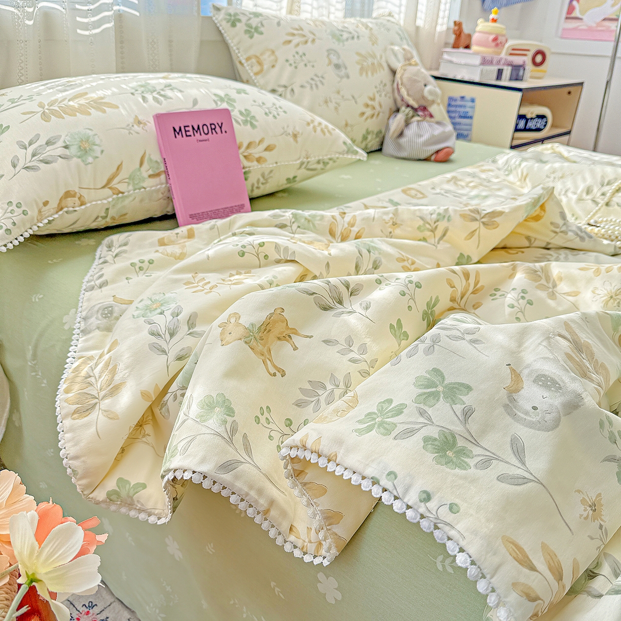 91家纺网 家纺一手货源 找家纺 优被业 2026新款全棉韩式小球球款大豆夏被，夏被四件套，空调被（加微信送买家秀） 自然手记-绿