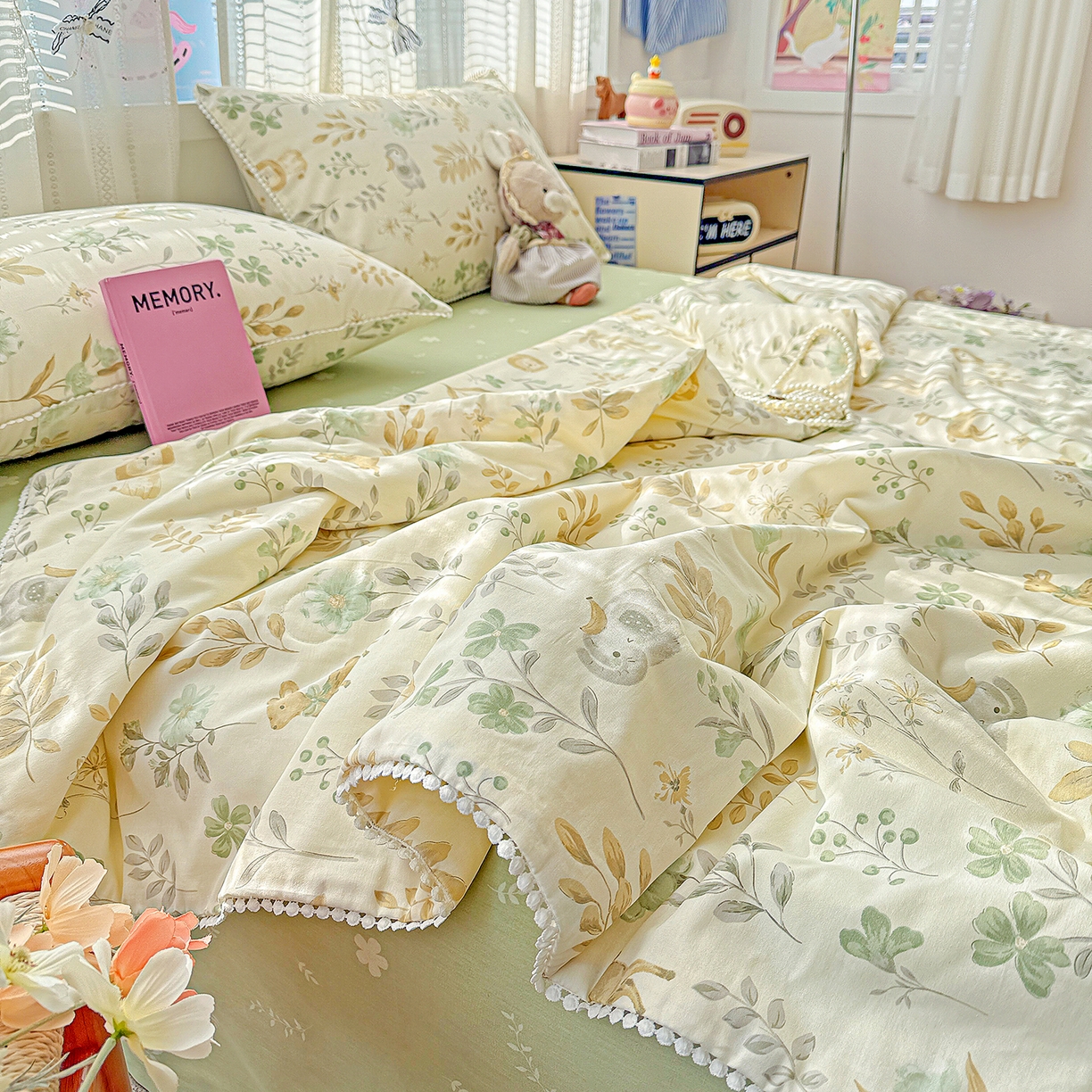 91家纺网 家纺一手货源 找家纺 优被业 2026新款全棉韩式小球球款大豆夏被，夏被四件套，空调被（加微信送买家秀） 自然手记-绿