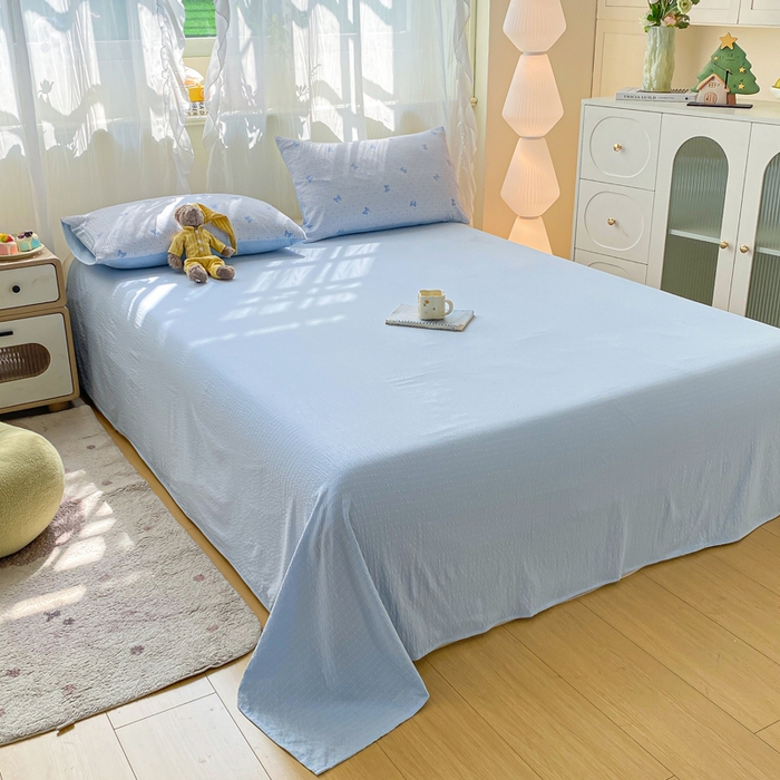 91家纺网 家纺一手货源 找家纺 爱屋及屋 2026新款泡芙棉夏被夏凉被空调被四件套 蝴蝶结蓝格