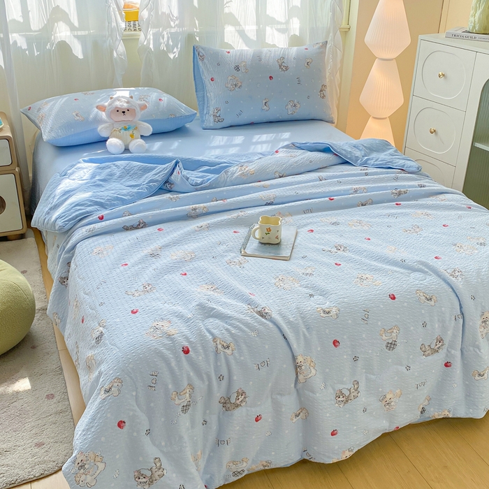 91家纺网 家纺一手货源 找家纺 爱屋及屋 2026新款泡芙棉夏被夏凉被空调被四件套 猫咪蓝