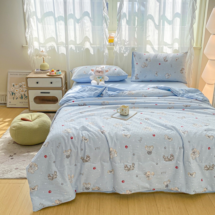 91家纺网 家纺一手货源 找家纺 爱屋及屋 2026新款泡芙棉夏被夏凉被空调被四件套 猫咪蓝