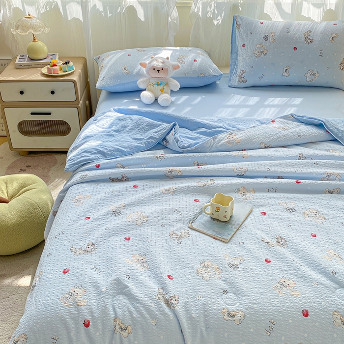 91家纺网 家纺一手货源 找家纺 爱屋及屋 2026新款泡芙棉夏被夏凉被空调被四件套 猫咪蓝