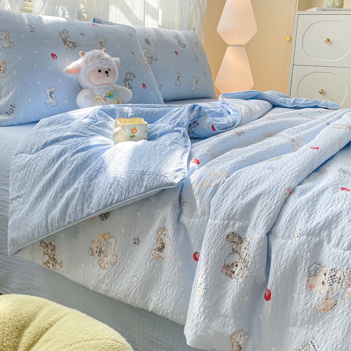 91家纺网 家纺一手货源 找家纺 爱屋及屋 2026新款泡芙棉夏被夏凉被空调被四件套 猫咪蓝