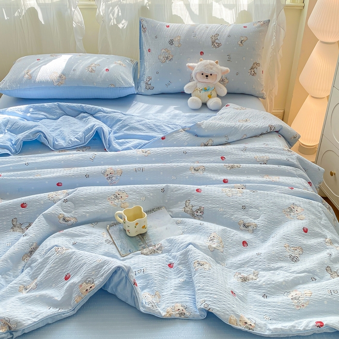 91家纺网 家纺一手货源 找家纺 爱屋及屋 2026新款泡芙棉夏被夏凉被空调被四件套 猫咪蓝