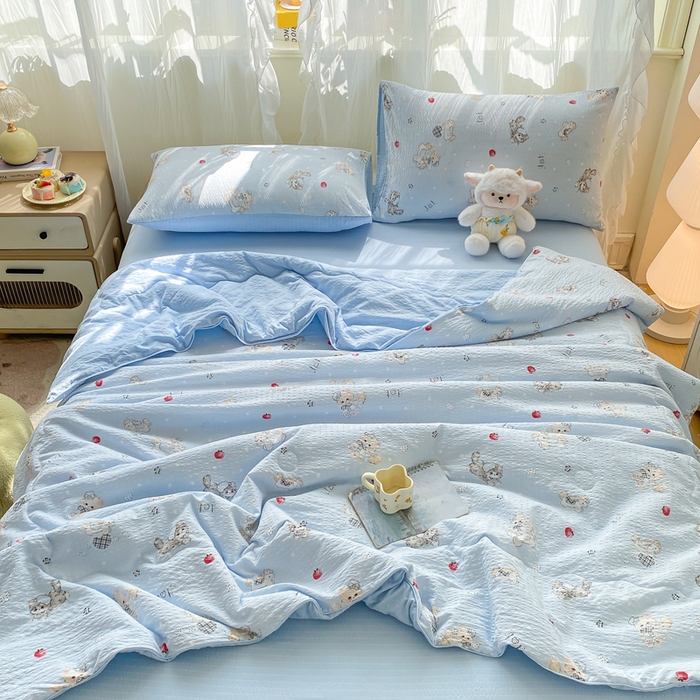 91家纺网 家纺一手货源 找家纺 爱屋及屋 2026新款泡芙棉夏被夏凉被空调被四件套 猫咪蓝