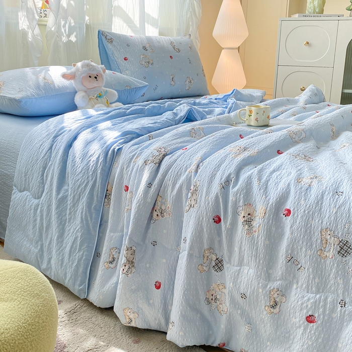 91家纺网 家纺一手货源 找家纺 爱屋及屋 2026新款泡芙棉夏被夏凉被空调被四件套 猫咪蓝