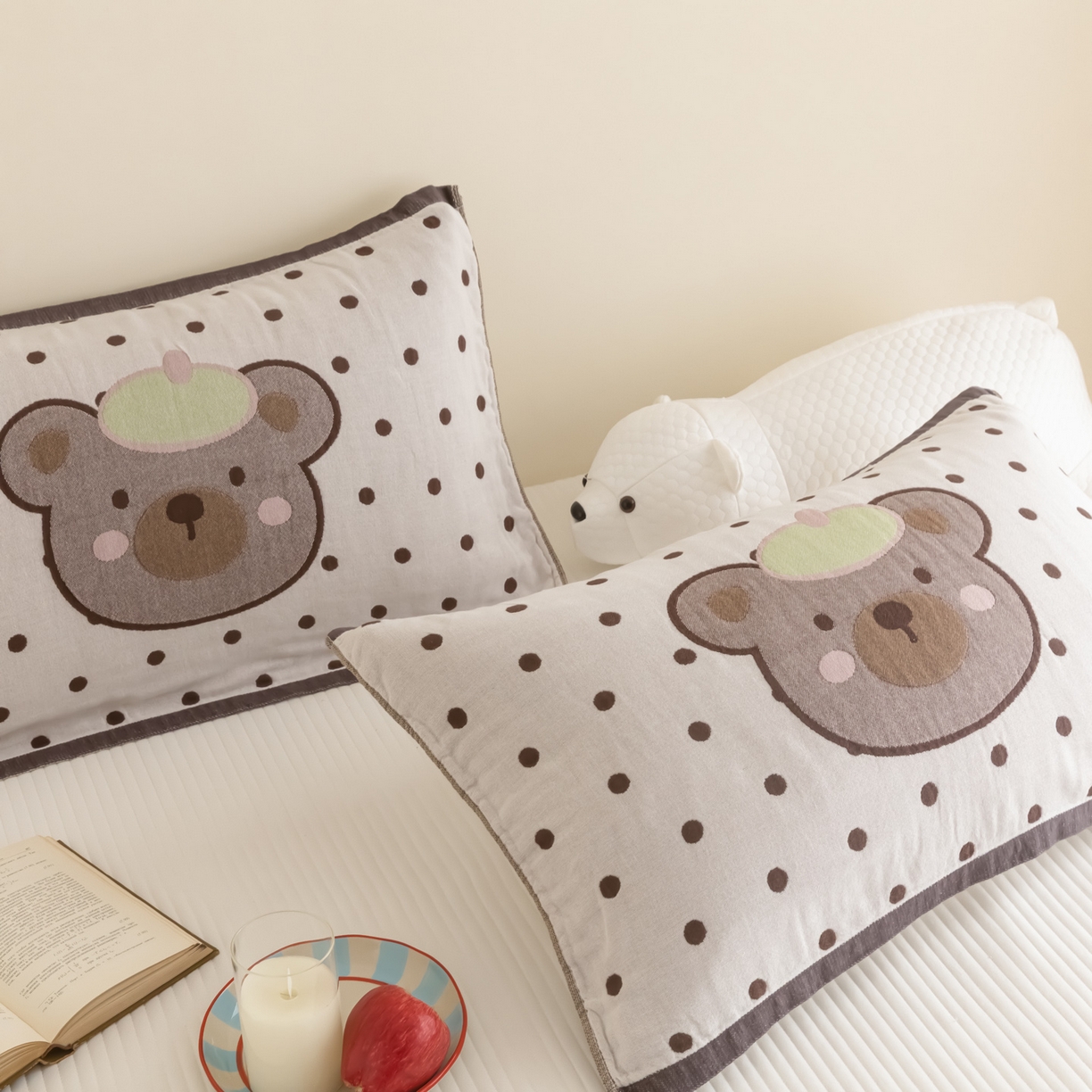 91家纺网 家纺一手货源 找家纺 乐家毛巾被（工厂自产自销） 2026新款四层色织全棉提花纱布软萌枕巾 帽子熊