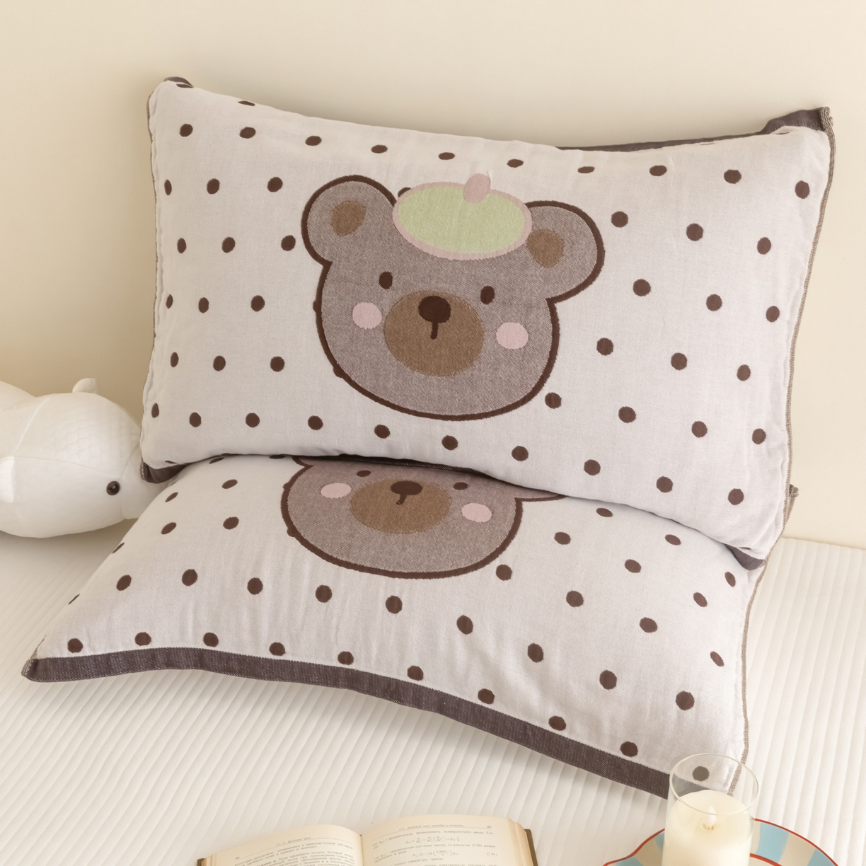 91家纺网 家纺一手货源 找家纺 乐家毛巾被（工厂自产自销） 2026新款四层色织全棉提花纱布软萌枕巾 帽子熊