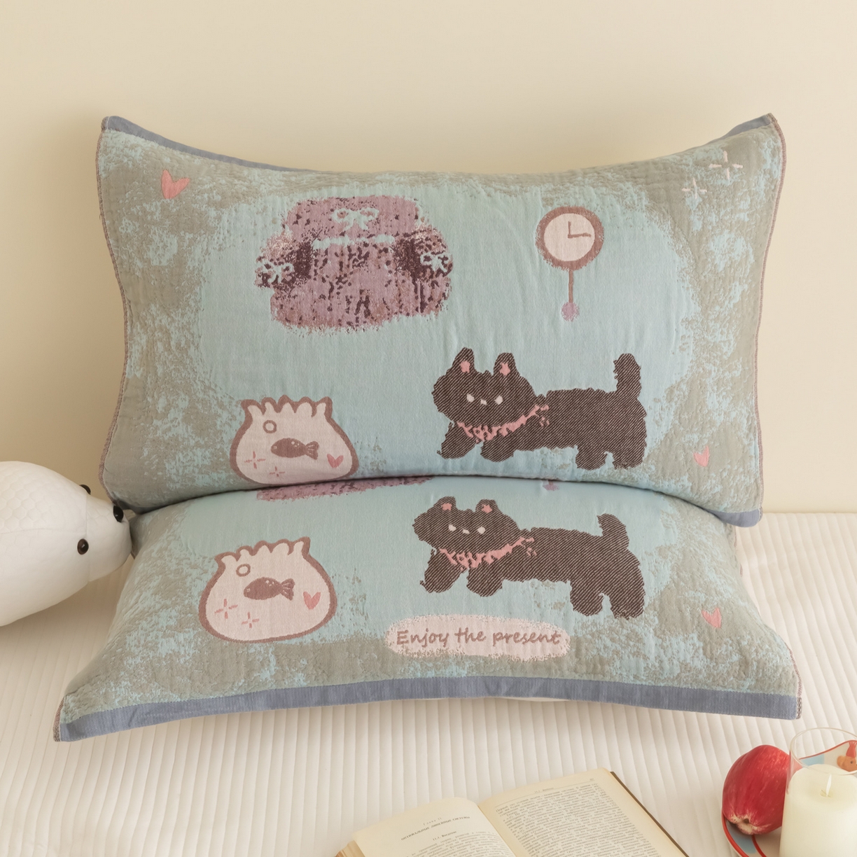 乐家毛巾被（工厂自产自销） 2026新款四层色织全棉提花纱布软萌枕巾 黑猫小鱼