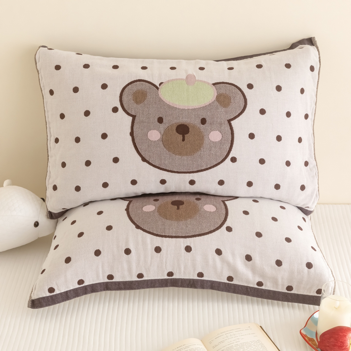 乐家毛巾被（工厂自产自销） 2026新款四层色织全棉提花纱布软萌枕巾 帽子熊