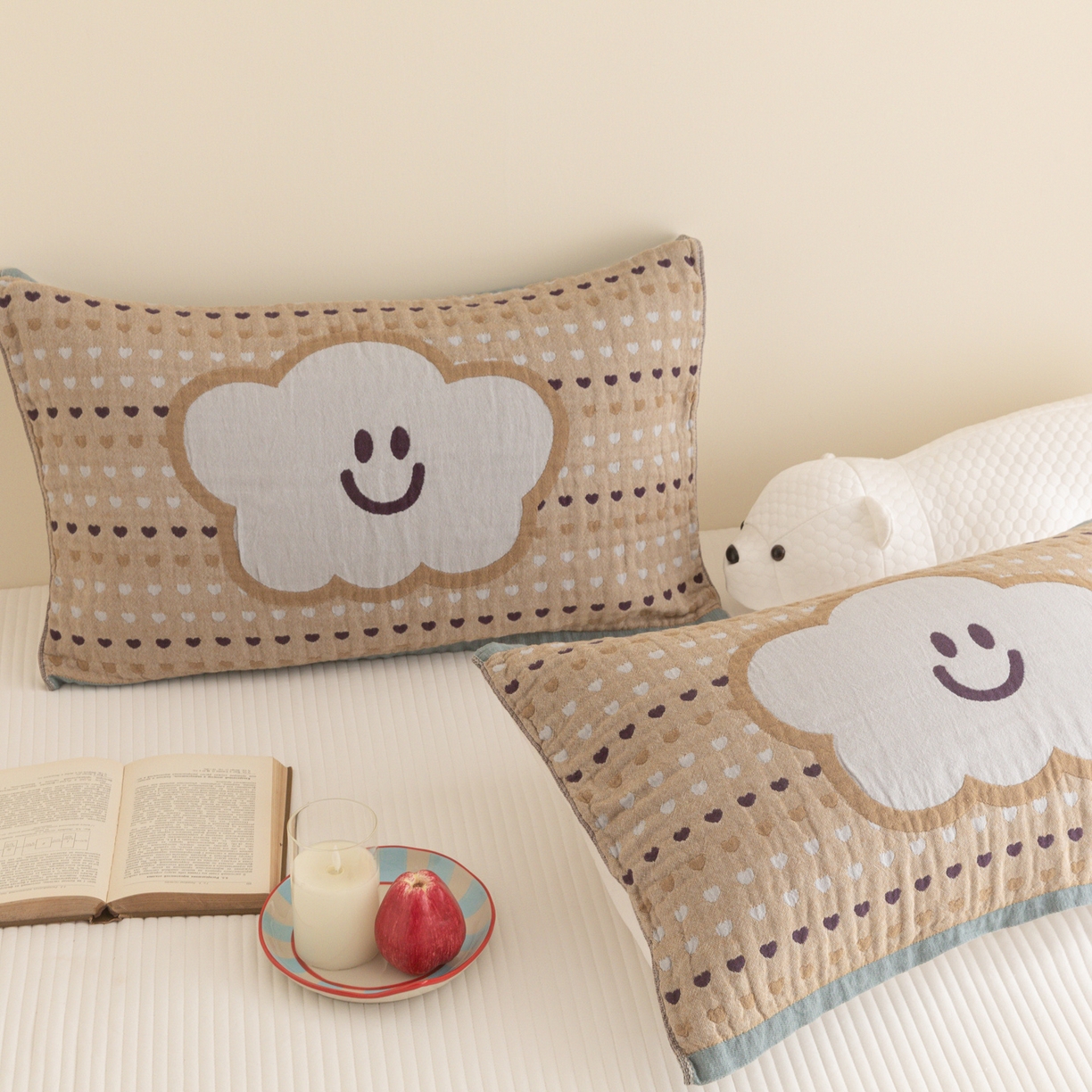 91家纺网 家纺一手货源 找家纺 乐家毛巾被（工厂自产自销） 2026新款四层色织全棉提花纱布软萌枕巾 开心云朵