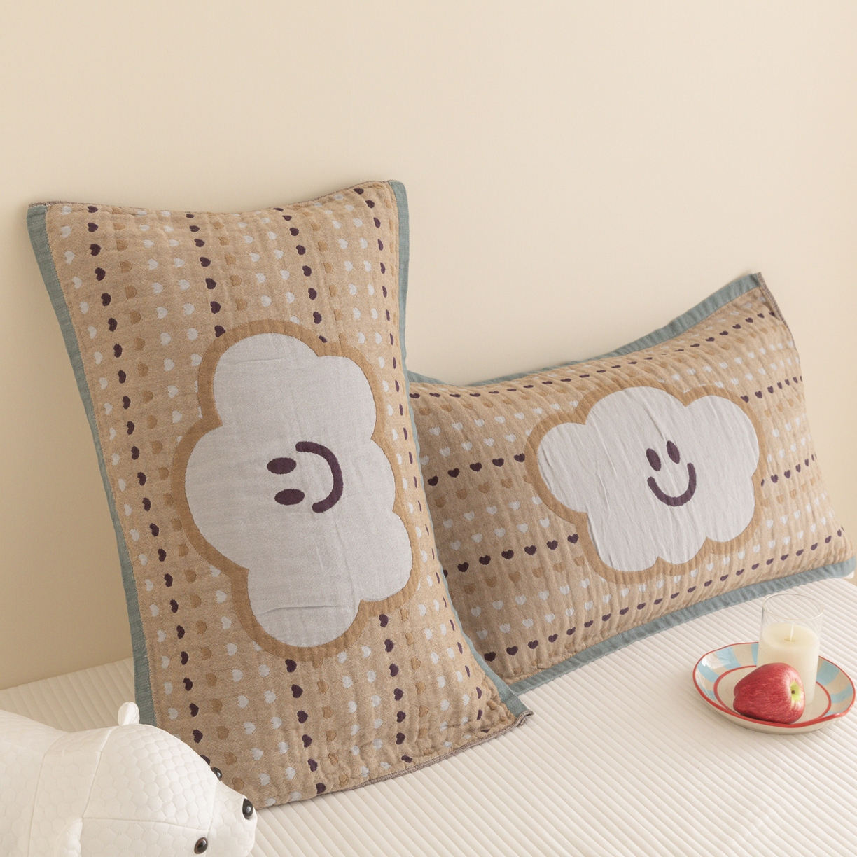 91家纺网 家纺一手货源 找家纺 乐家毛巾被（工厂自产自销） 2026新款四层色织全棉提花纱布软萌枕巾 开心云朵