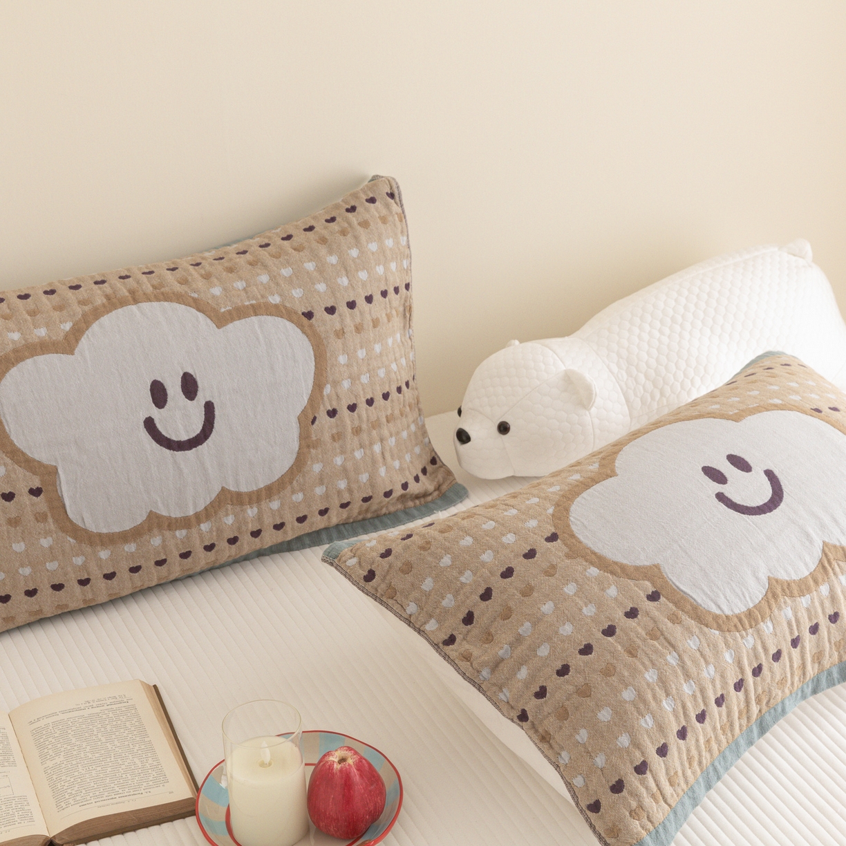 91家纺网 家纺一手货源 找家纺 乐家毛巾被（工厂自产自销） 2026新款四层色织全棉提花纱布软萌枕巾 开心云朵