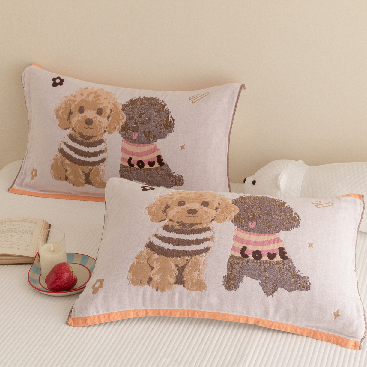 91家纺网 家纺一手货源 找家纺 乐家毛巾被（工厂自产自销） 2026新款四层色织全棉提花纱布软萌枕巾 泰迪兄弟