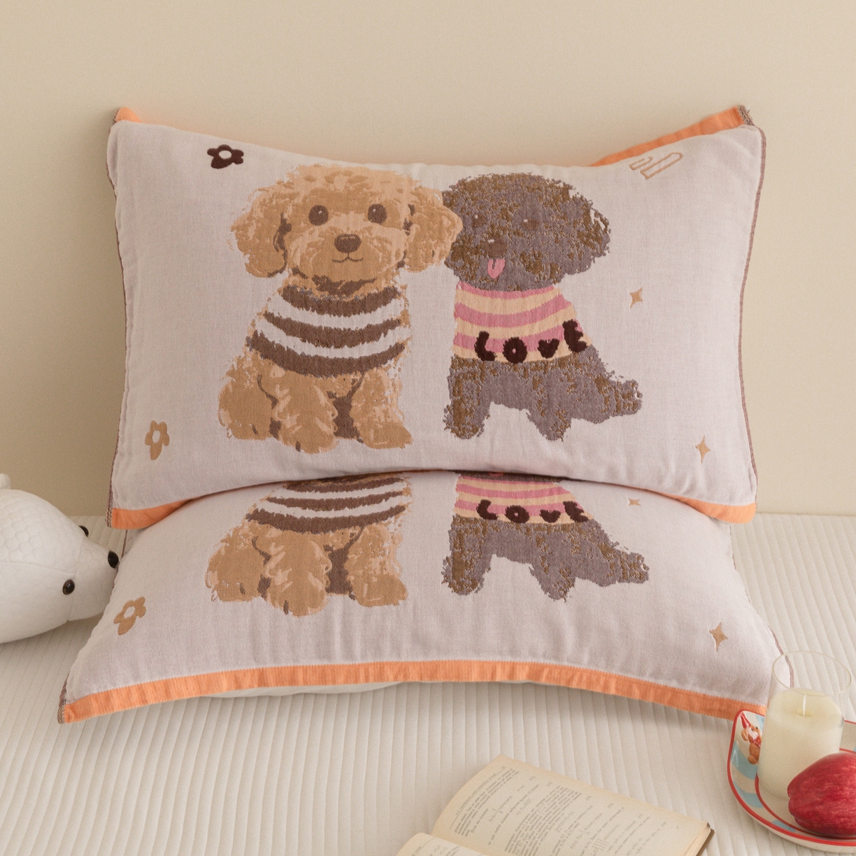 乐家毛巾被（工厂自产自销） 2026新款四层色织全棉提花纱布软萌枕巾 泰迪兄弟