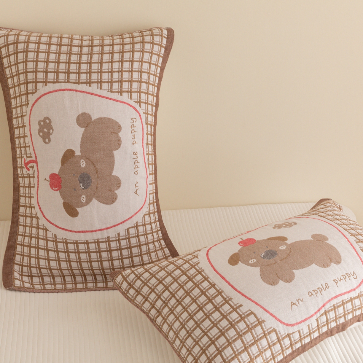 91家纺网 家纺一手货源 找家纺 乐家毛巾被（工厂自产自销） 2026新款四层色织全棉提花纱布软萌枕巾 樱桃小狗