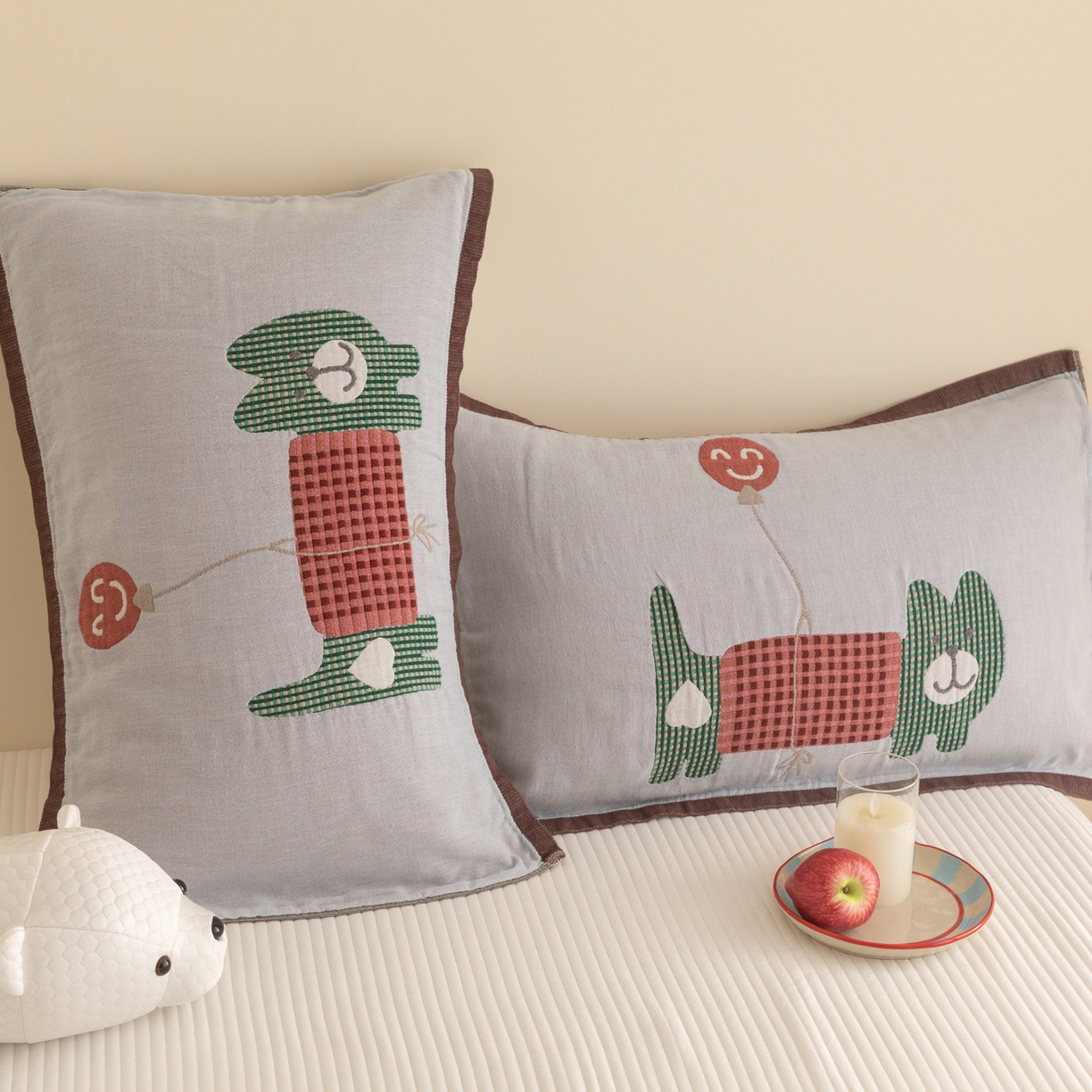 91家纺网 家纺一手货源 找家纺 乐家毛巾被（工厂自产自销） 2026新款四层色织全棉提花纱布软萌枕巾 气球小熊