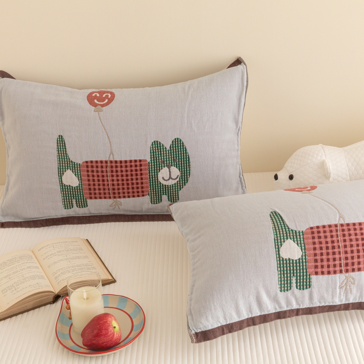 91家纺网 家纺一手货源 找家纺 乐家毛巾被（工厂自产自销） 2026新款四层色织全棉提花纱布软萌枕巾 气球小熊