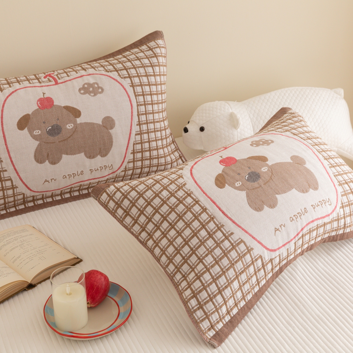 91家纺网 家纺一手货源 找家纺 乐家毛巾被（工厂自产自销） 2026新款四层色织全棉提花纱布软萌枕巾 樱桃小狗