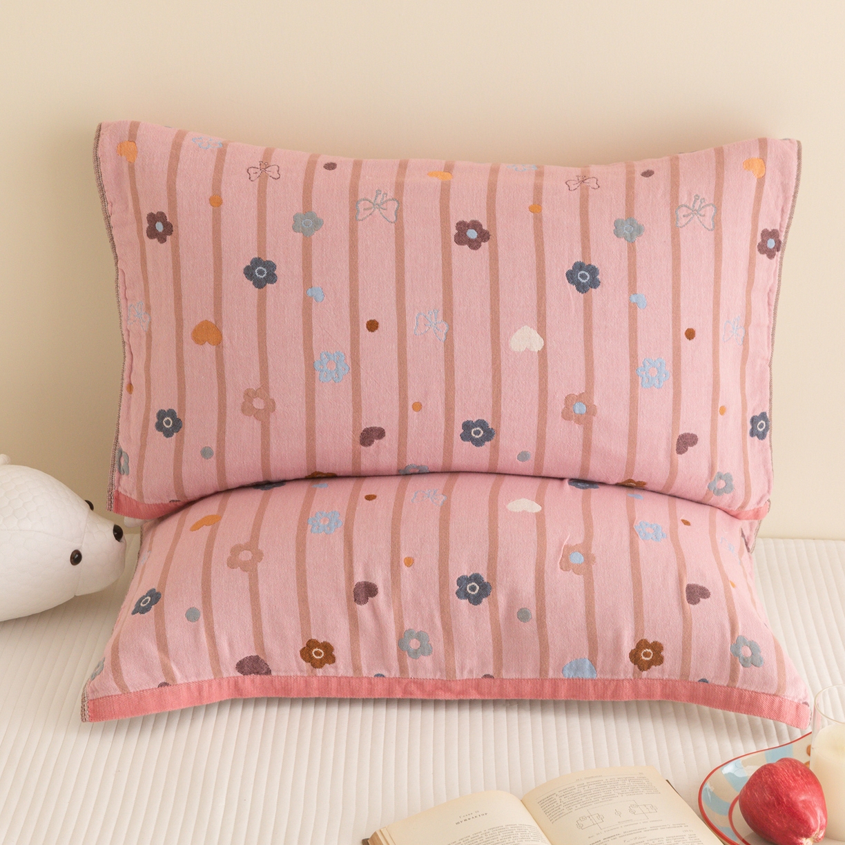 乐家毛巾被（工厂自产自销） 2026新款四层色织全棉提花纱布软萌枕巾 粉底条纹花