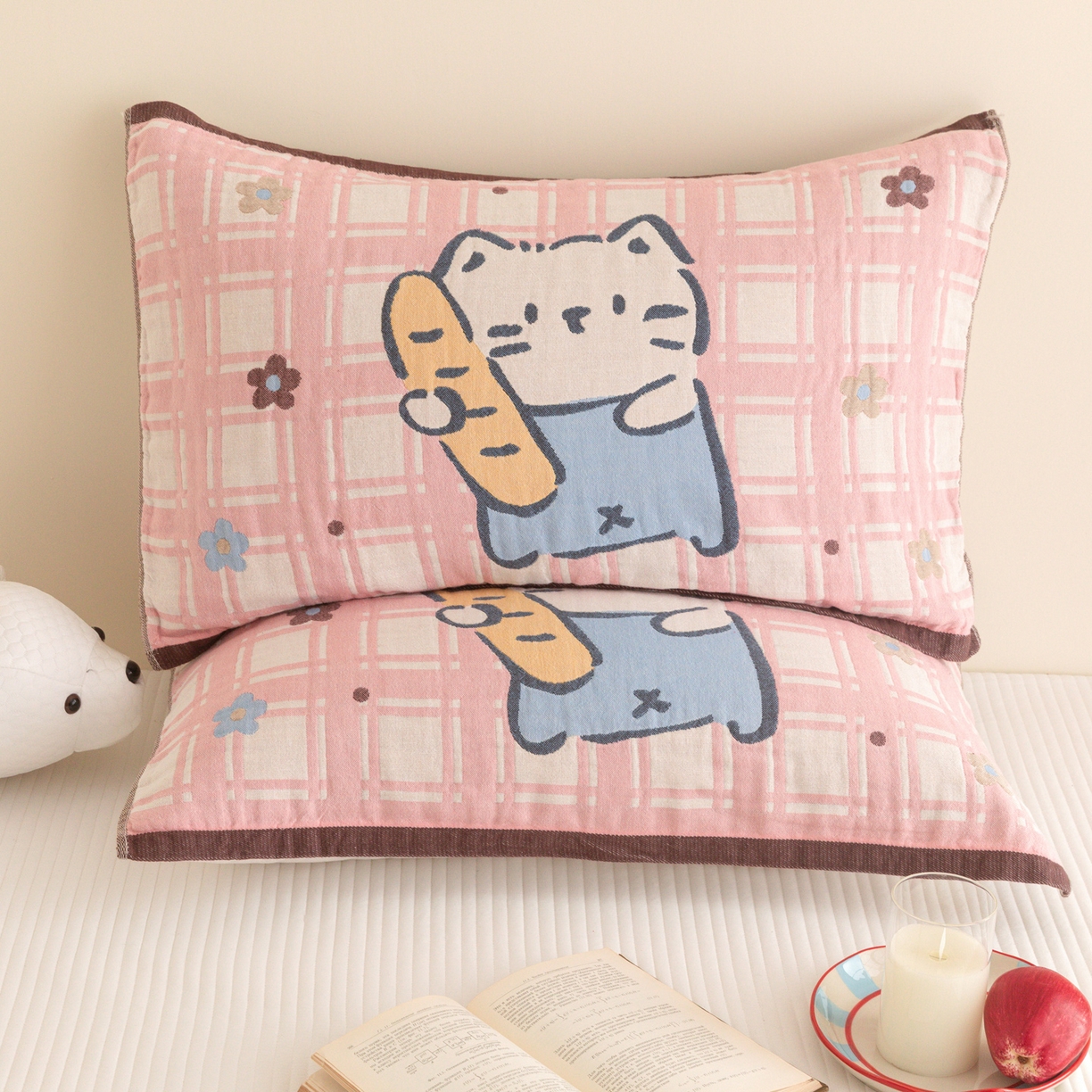 乐家毛巾被（工厂自产自销） 2026新款四层色织全棉提花纱布软萌枕巾 面包小猫