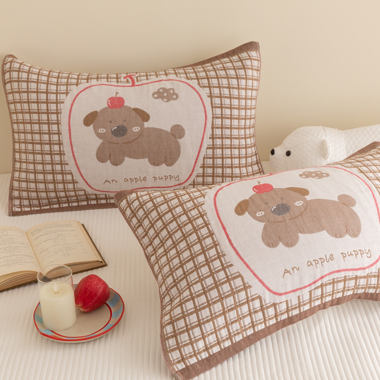 91家纺网 家纺一手货源 找家纺 乐家毛巾被（工厂自产自销） 2026新款四层色织全棉提花纱布软萌枕巾 樱桃小狗