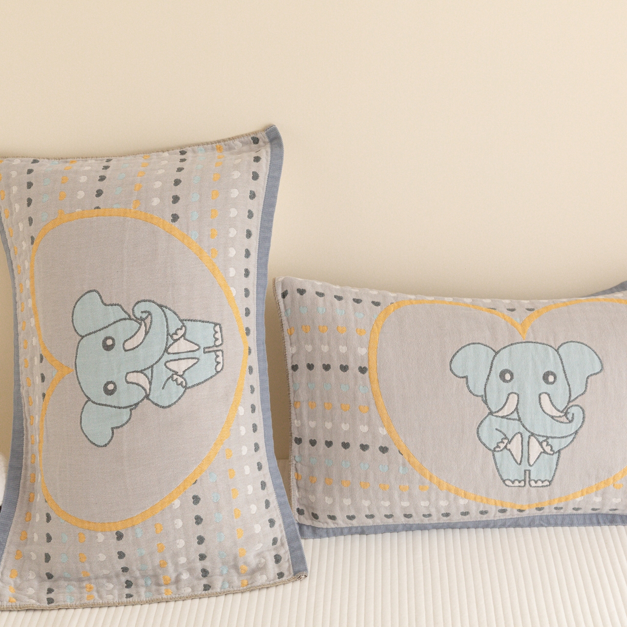 91家纺网 家纺一手货源 找家纺 乐家毛巾被（工厂自产自销） 2026新款四层色织全棉提花纱布软萌枕巾 长鼻象