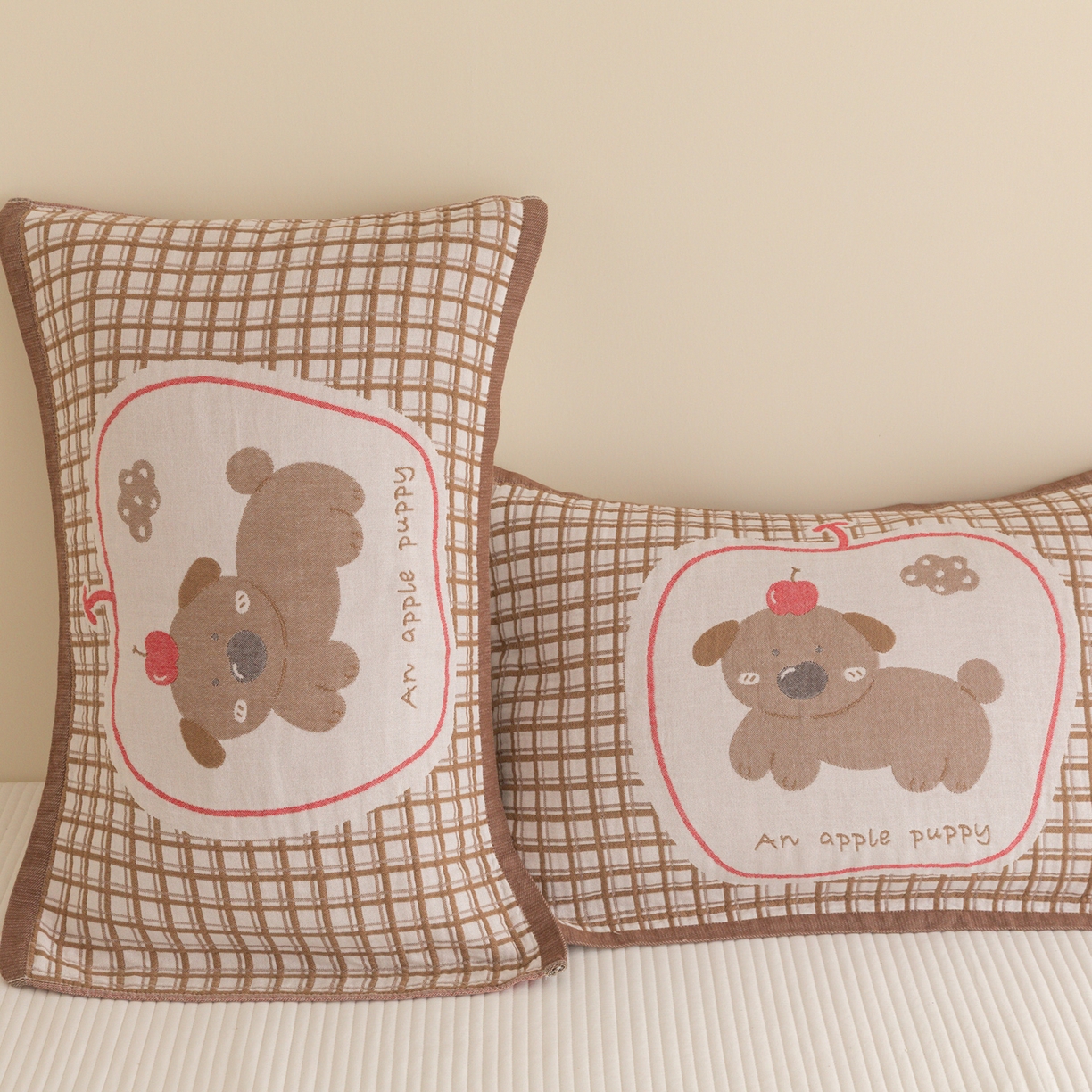 91家纺网 家纺一手货源 找家纺 乐家毛巾被（工厂自产自销） 2026新款四层色织全棉提花纱布软萌枕巾 樱桃小狗