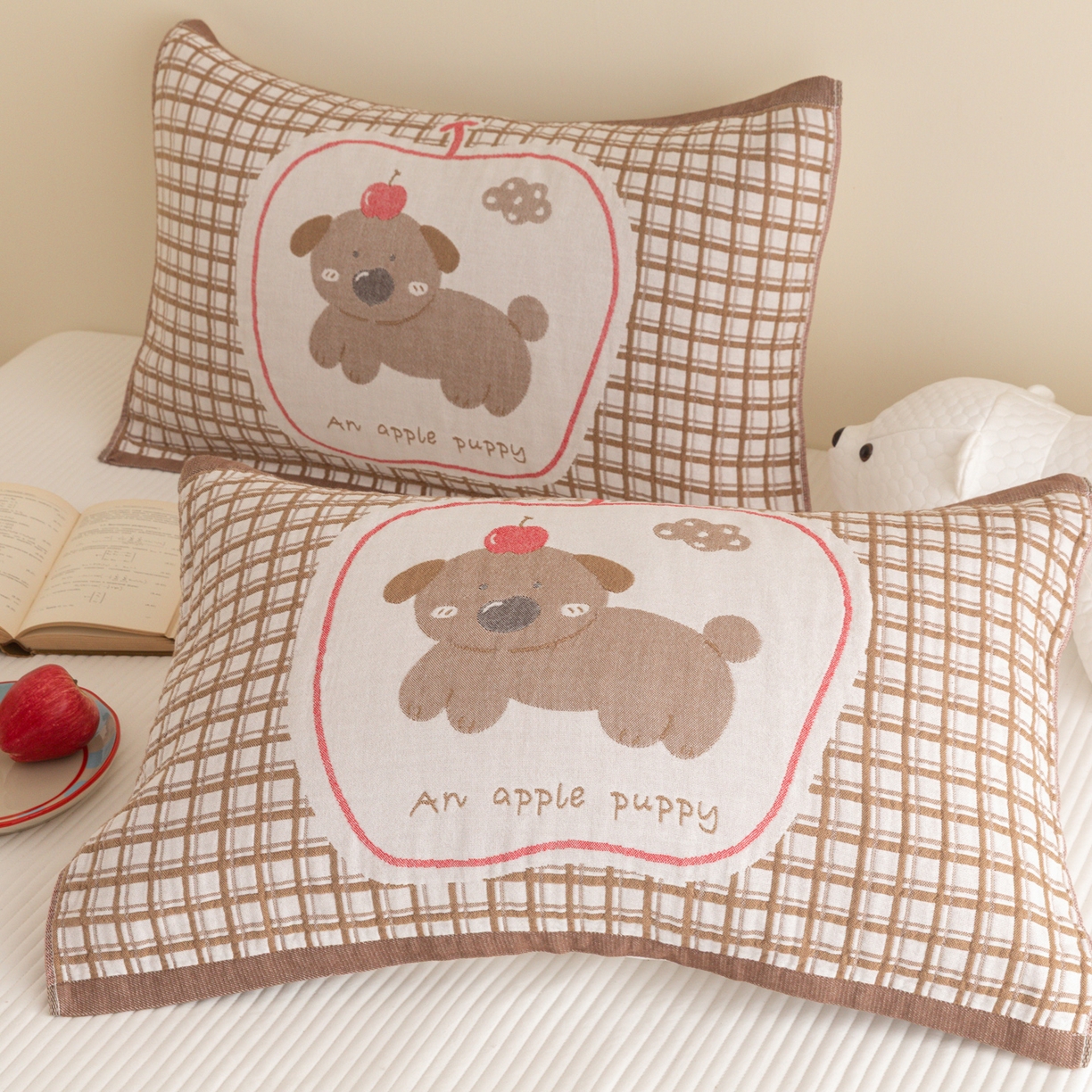 91家纺网 家纺一手货源 找家纺 乐家毛巾被（工厂自产自销） 2026新款四层色织全棉提花纱布软萌枕巾 樱桃小狗