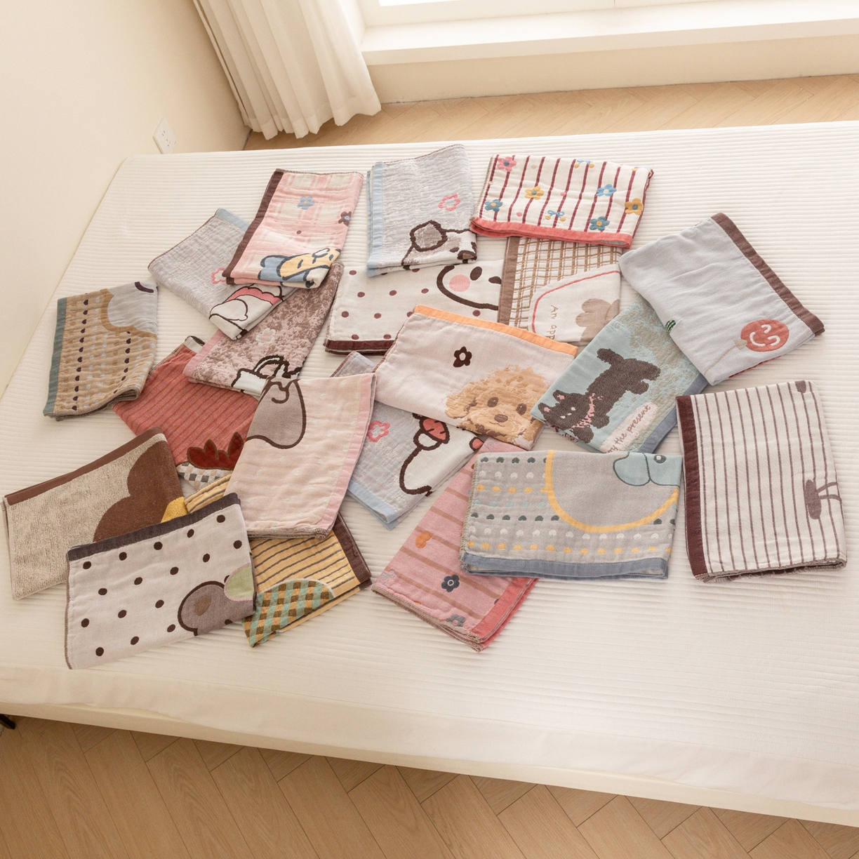 91家纺网 家纺一手货源 找家纺 乐家毛巾被（工厂自产自销） 2026新款四层色织全棉提花纱布软萌枕巾 组合图