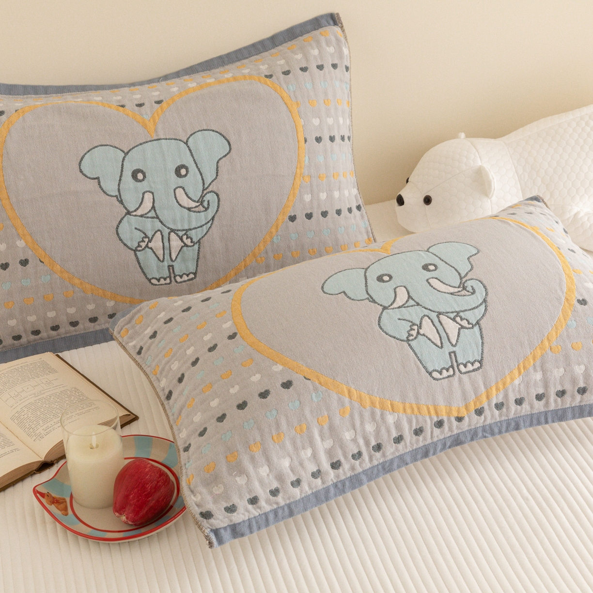 91家纺网 家纺一手货源 找家纺 乐家毛巾被（工厂自产自销） 2026新款四层色织全棉提花纱布软萌枕巾 长鼻象