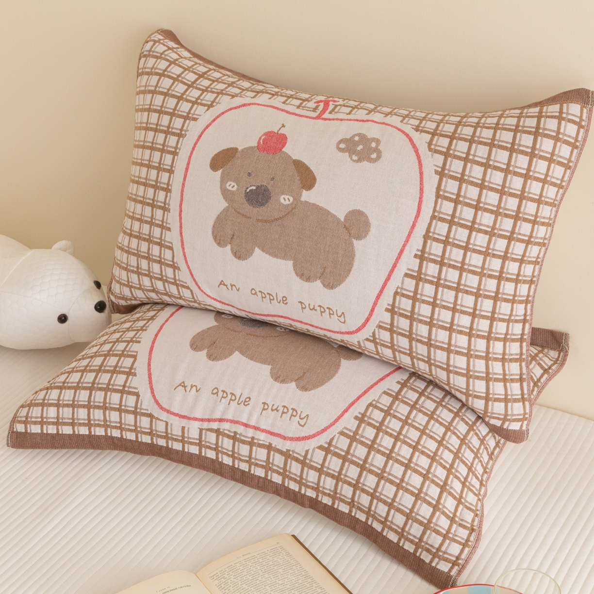 91家纺网 家纺一手货源 找家纺 乐家毛巾被（工厂自产自销） 2026新款四层色织全棉提花纱布软萌枕巾 樱桃小狗