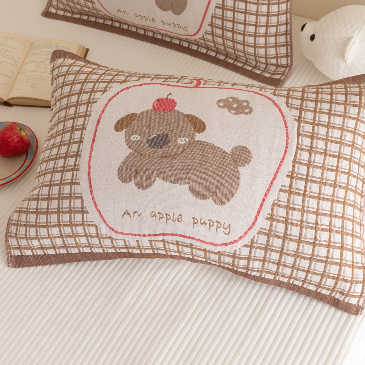 91家纺网 家纺一手货源 找家纺 乐家毛巾被（工厂自产自销） 2026新款四层色织全棉提花纱布软萌枕巾 樱桃小狗