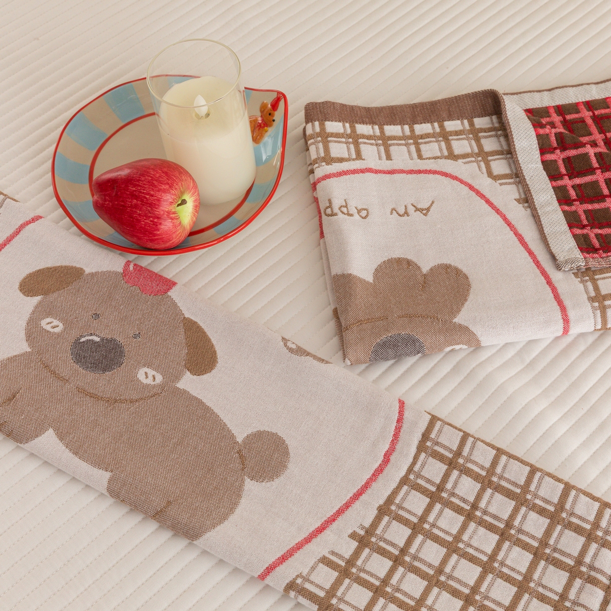 91家纺网 家纺一手货源 找家纺 乐家毛巾被（工厂自产自销） 2026新款四层色织全棉提花纱布软萌枕巾 樱桃小狗