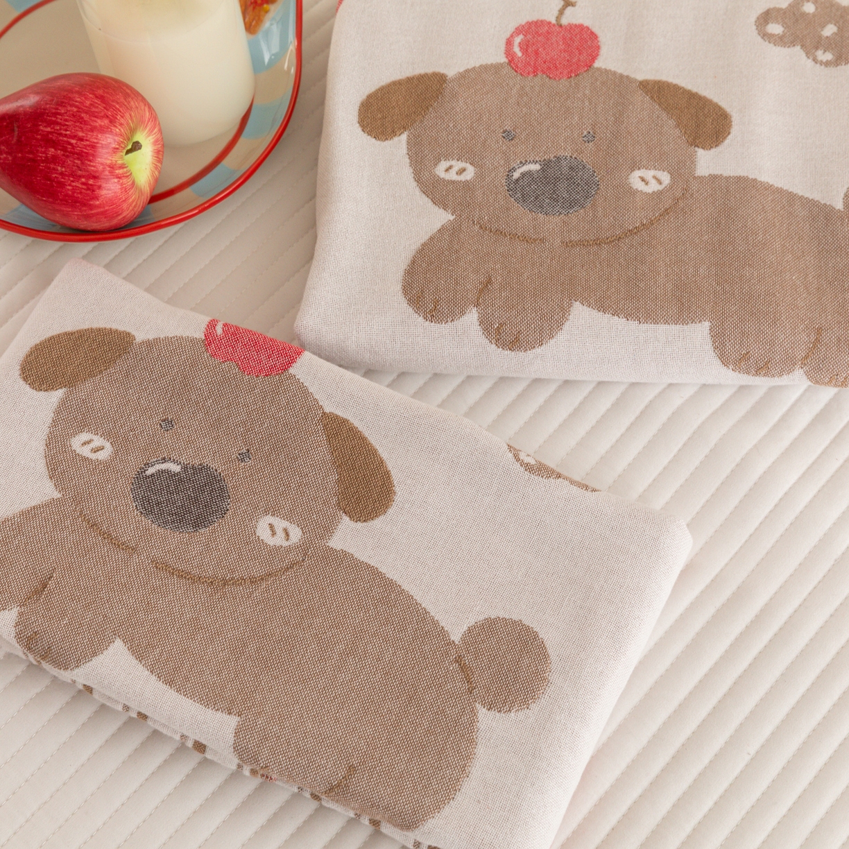 91家纺网 家纺一手货源 找家纺 乐家毛巾被（工厂自产自销） 2026新款四层色织全棉提花纱布软萌枕巾 樱桃小狗