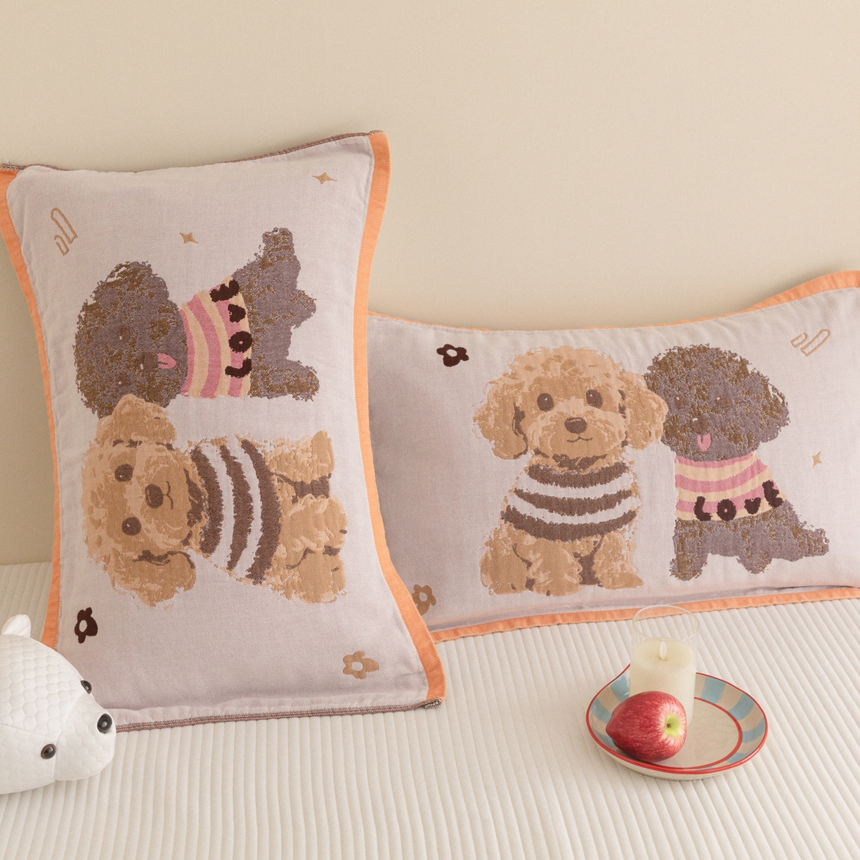 91家纺网 家纺一手货源 找家纺 乐家毛巾被（工厂自产自销） 2026新款四层色织全棉提花纱布软萌枕巾 泰迪兄弟