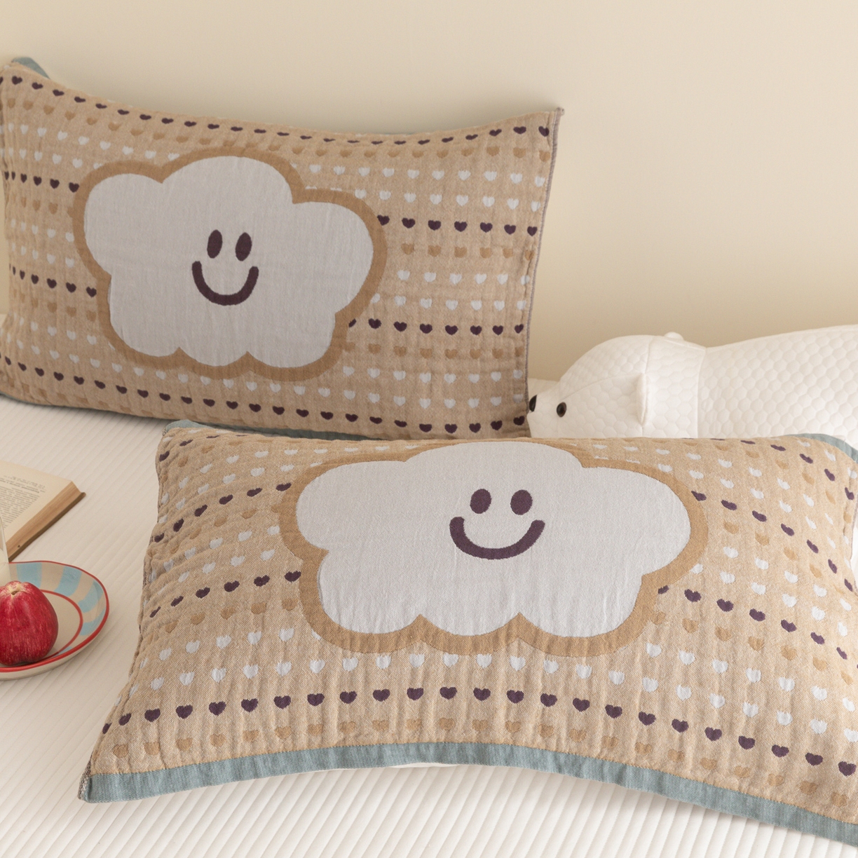 91家纺网 家纺一手货源 找家纺 乐家毛巾被（工厂自产自销） 2026新款四层色织全棉提花纱布软萌枕巾 开心云朵