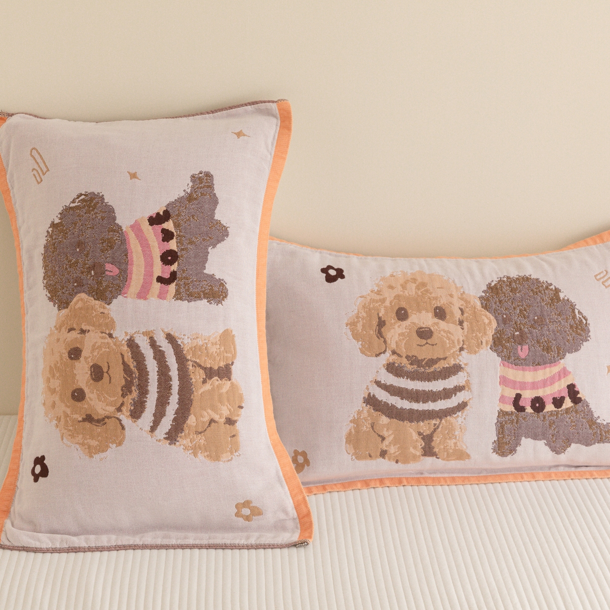 91家纺网 家纺一手货源 找家纺 乐家毛巾被（工厂自产自销） 2026新款四层色织全棉提花纱布软萌枕巾 泰迪兄弟