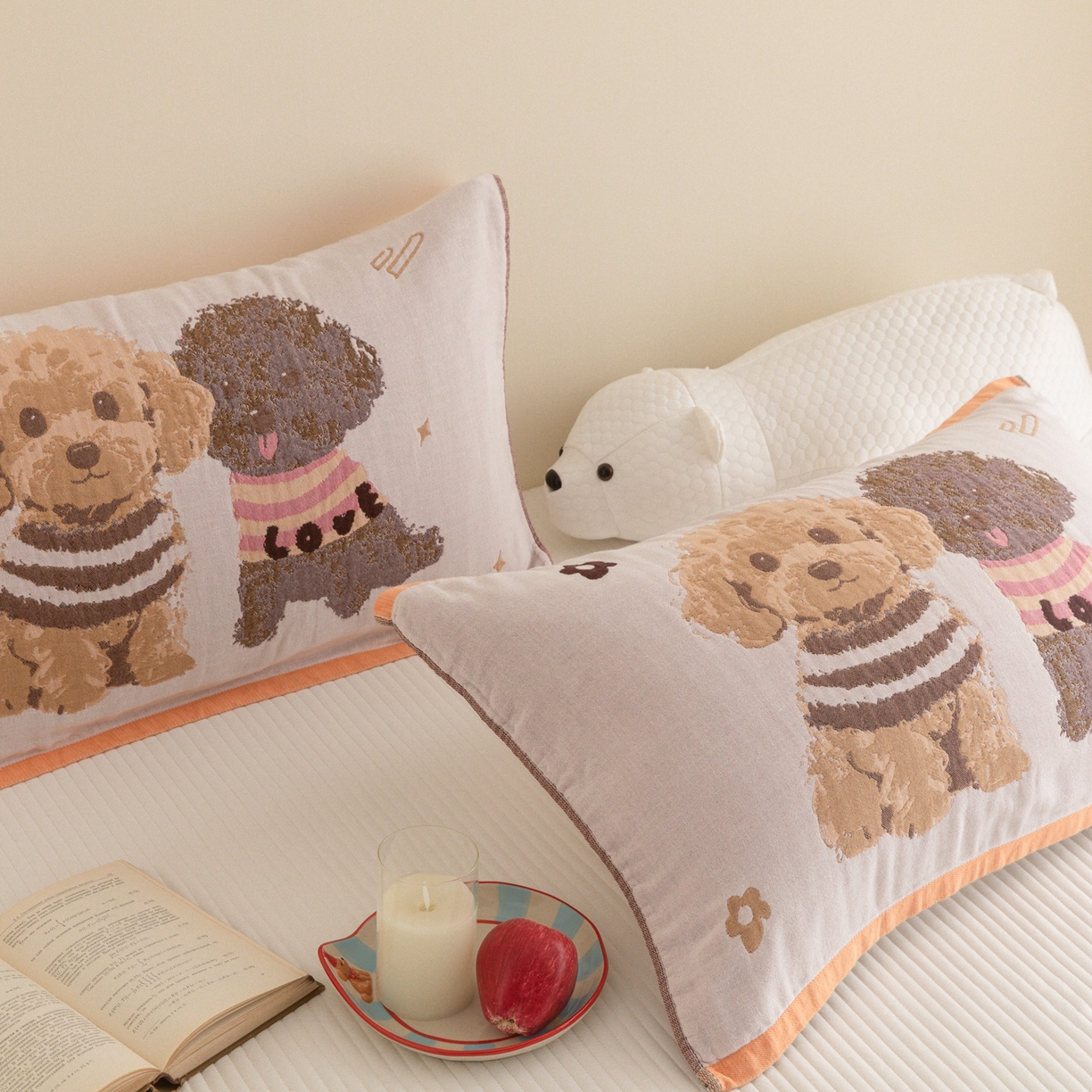 91家纺网 家纺一手货源 找家纺 乐家毛巾被（工厂自产自销） 2026新款四层色织全棉提花纱布软萌枕巾 泰迪兄弟