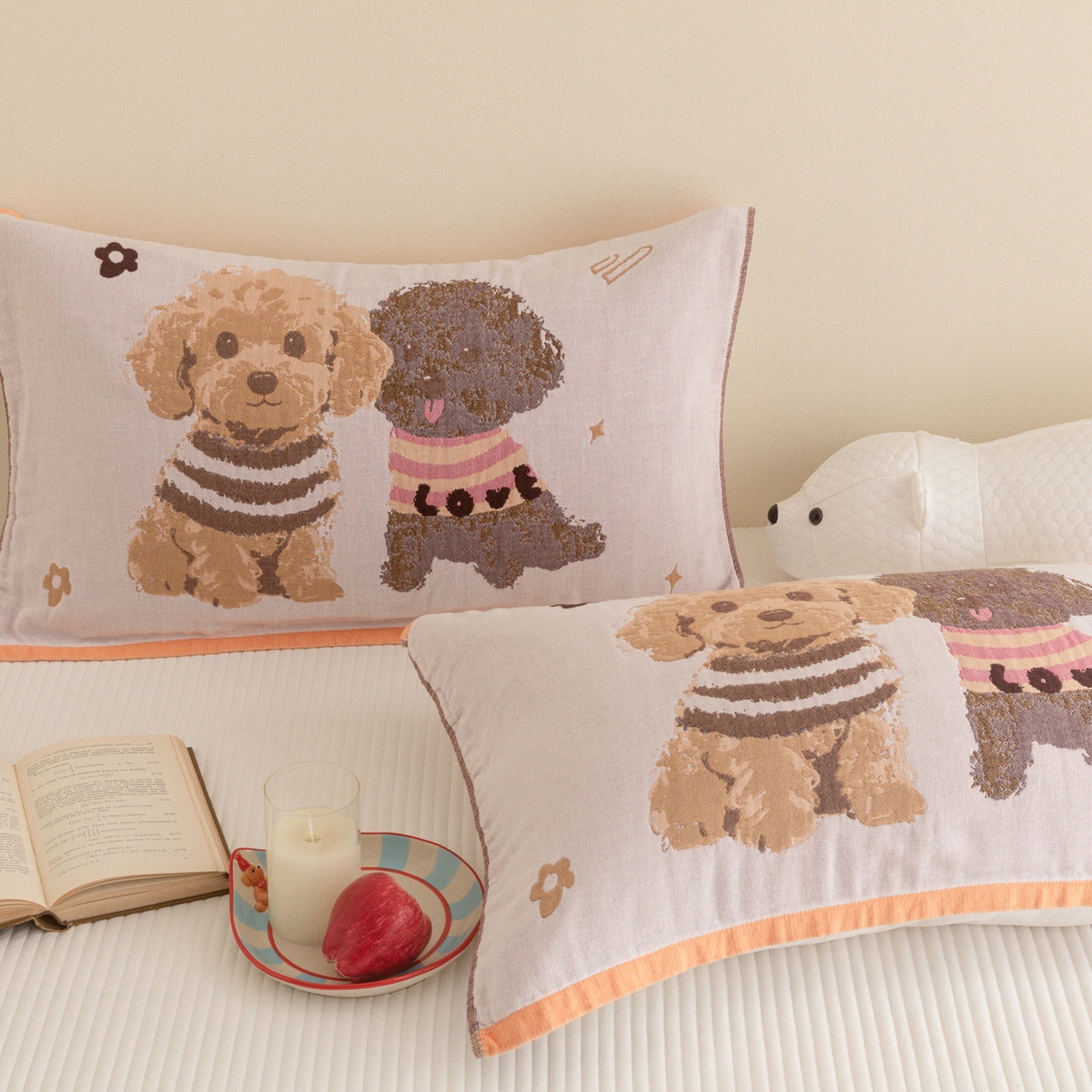 91家纺网 家纺一手货源 找家纺 乐家毛巾被（工厂自产自销） 2026新款四层色织全棉提花纱布软萌枕巾 泰迪兄弟