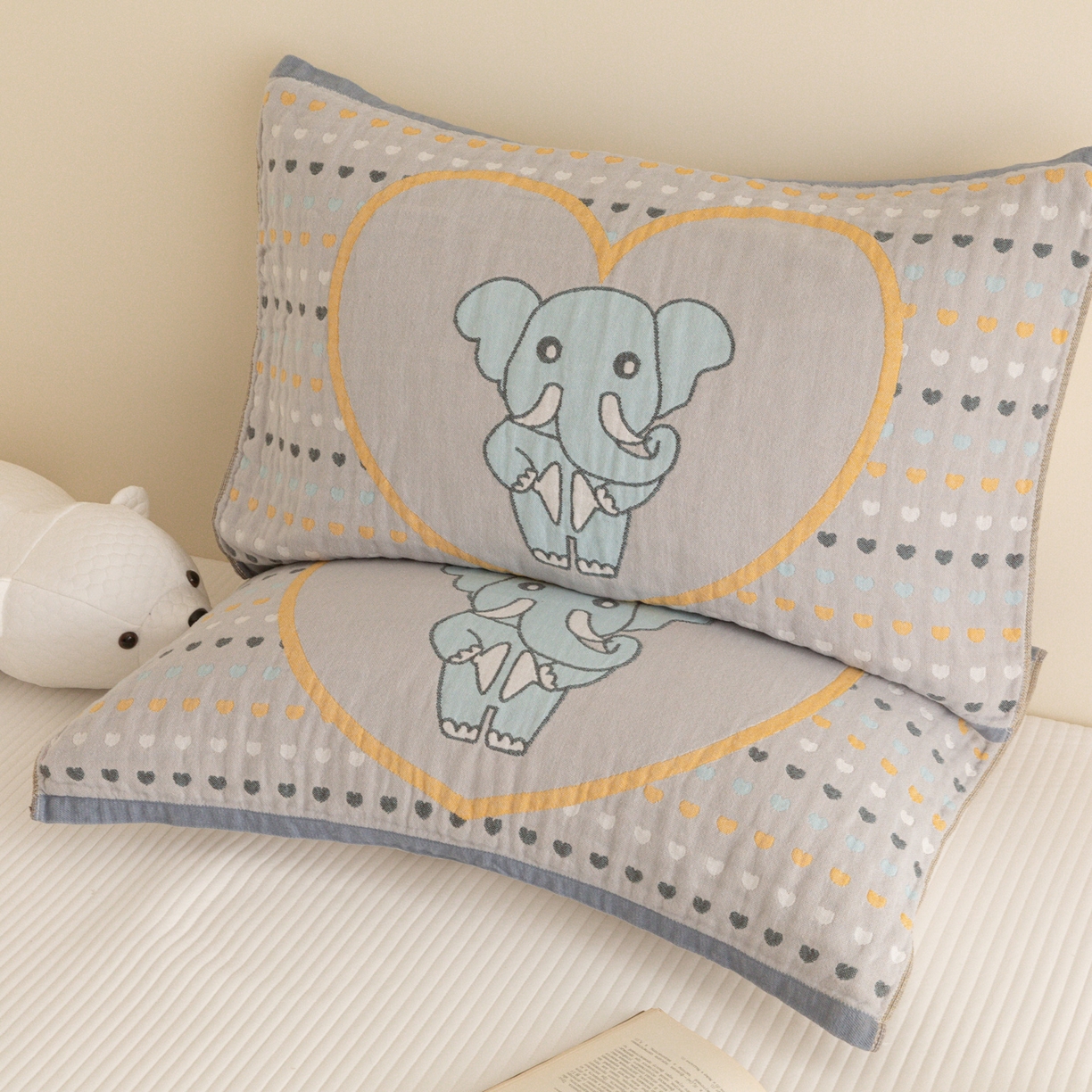 91家纺网 家纺一手货源 找家纺 乐家毛巾被（工厂自产自销） 2026新款四层色织全棉提花纱布软萌枕巾 长鼻象