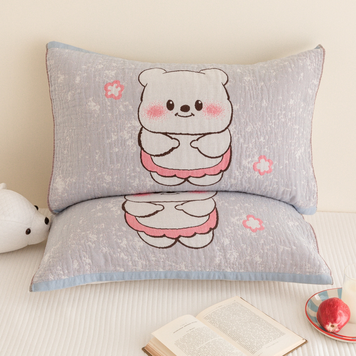 乐家毛巾被（工厂自产自销） 2026新款四层色织全棉提花纱布软萌枕巾 花花小熊