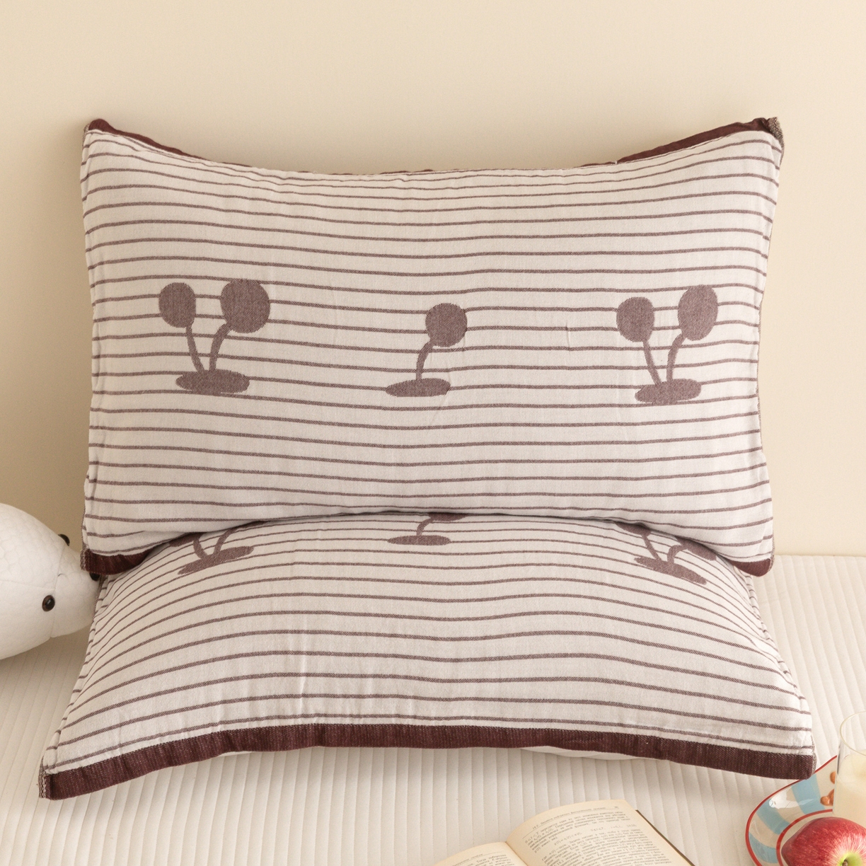 乐家毛巾被（工厂自产自销） 2026新款四层色织全棉提花纱布软萌枕巾 条纹樱桃